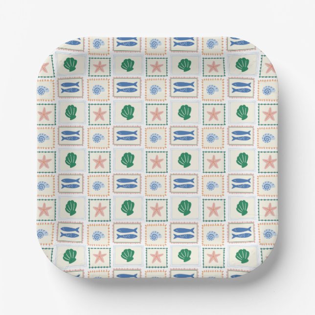 Assiettes En Carton Pastel Seashell Motif Côte Boho Moderne (Recto)