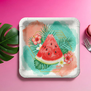 Assiettes En Carton Pastel Tropical Aquarelle Pastèque & Hibiscus Mode