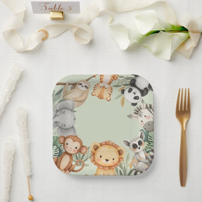 Assiettes En Carton Pastel Tropical Wild One Jungle Safari Animaux (Mariage)