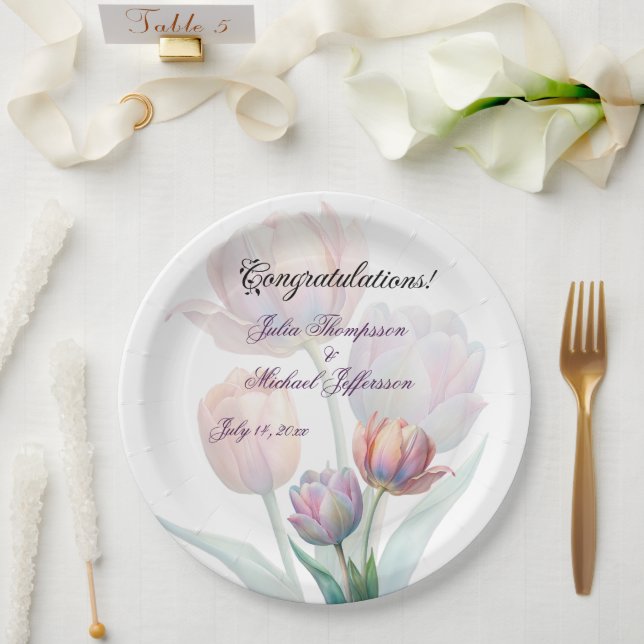 Assiettes En Carton Pastel Tulip Mariage Suite Typographie élégante (Mariage)