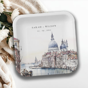 Assiettes En Carton Pastel Venice Italie Canaux Aquarelle Mariage