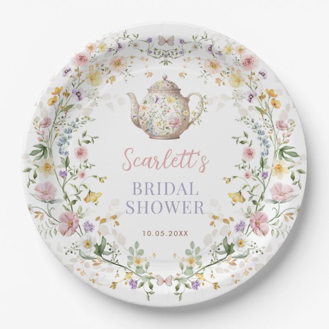 Assiettes En Carton Pastel Wildflower Time for Tea Bridal Shower (Devant)