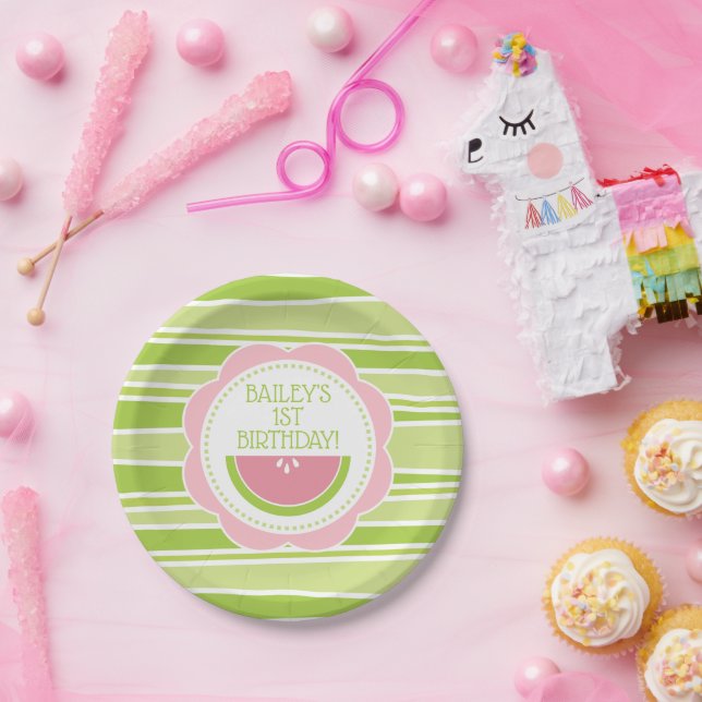 Assiettes En Carton Pastèque Preppy 1er Anniversaire rose et vert (Fête)