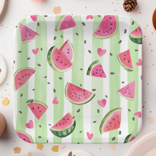 Assiettes En Carton pastèque rose Été Cute aquarelle fruit fille