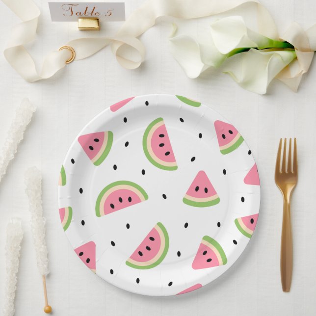 Assiettes En Carton Pastèque rose, Graines de pastèque, Motif d'été (Mariage)