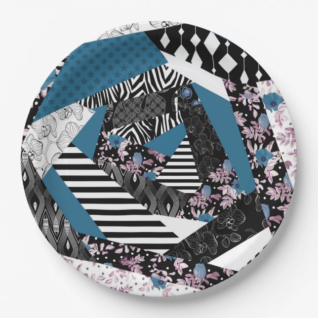 Assiettes En Carton patchwork bleu, populaire, patchwork, folle, rusti (Devant)
