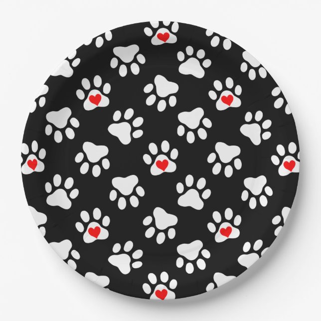 Assiettes En Carton Pâtes de chien mignonnes noir et blanc avec Motif  (Devant)