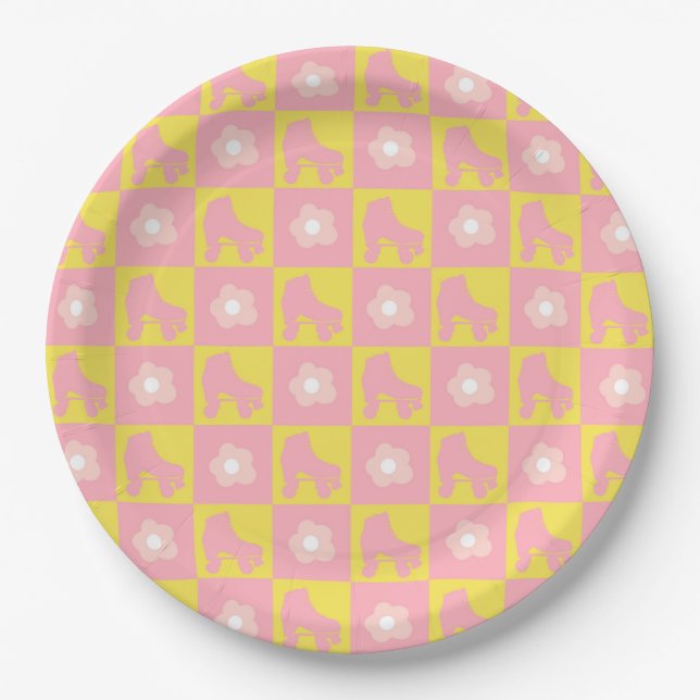 Assiettes En Carton Patinage derby À damiers rouleau rose Jaune (Devant)
