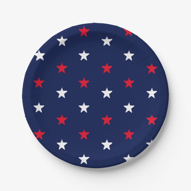 Assiettes En Carton Patriotique rouge blanc foncé bleu marine étoiles  (Devant)
