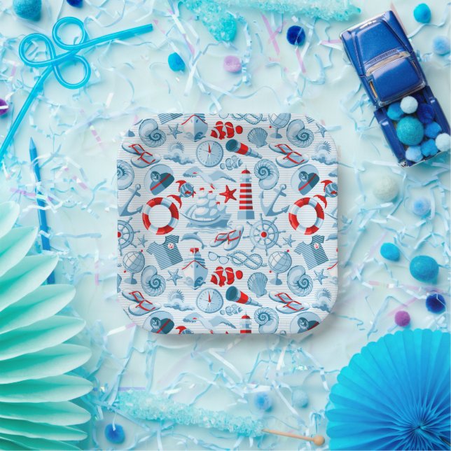 Assiettes En Carton Patteries bleues rouges nautical (Fête)