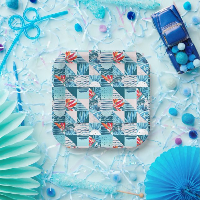 Assiettes En Carton Pattern de Tropical Teal Geometric Abstract (Fête)