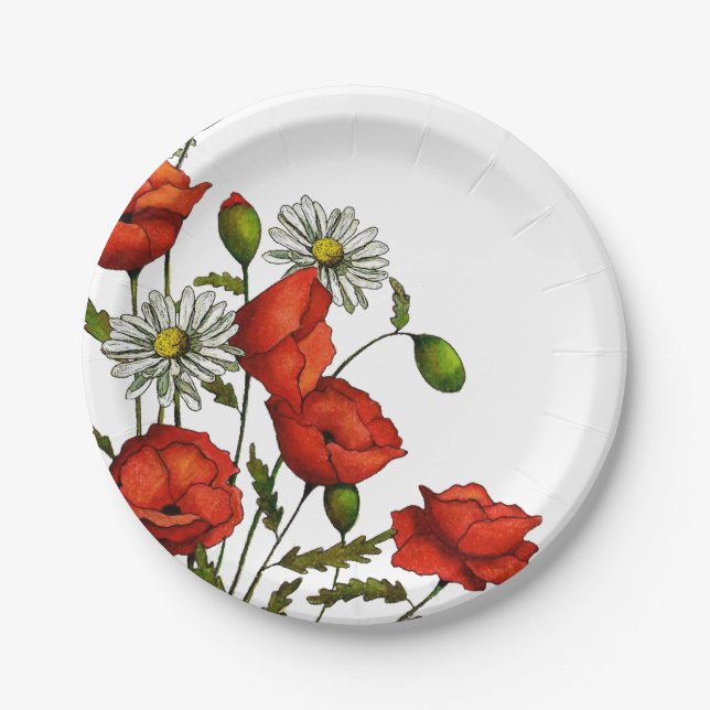 Assiettes En Carton Pavots et marguerites : Art floral, fleurs (Devant)
