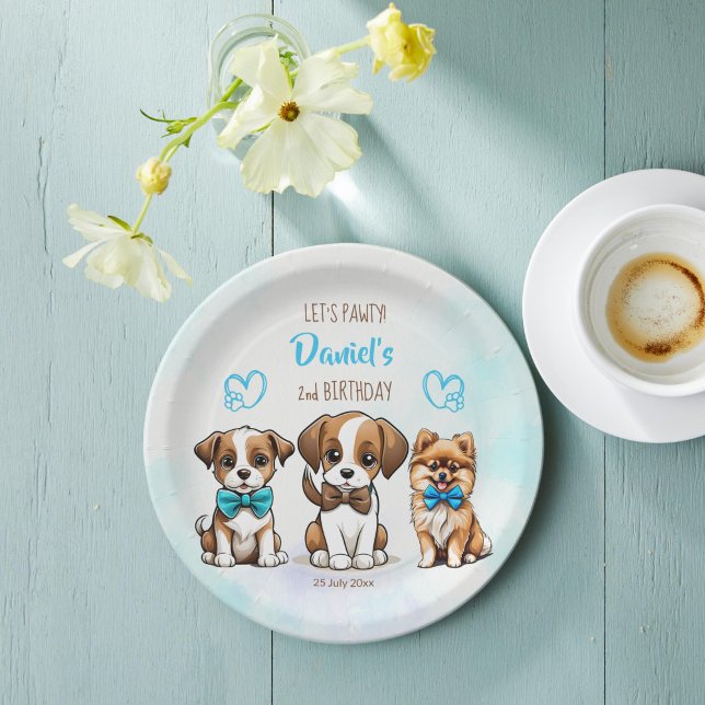 Assiettes En Carton Pawty bleu mignon chiots d'anniversaire imprimé (Let's pawty brown blue cute puppies birthday party printed paper plates personalized table decor)