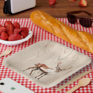 Assiettes En Carton Pays Faux Wood Deer Anniversaire
