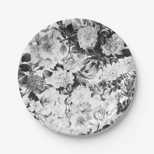 Assiettes En Carton Pays moderne blanc noir d'aquarelle floral (Devant)