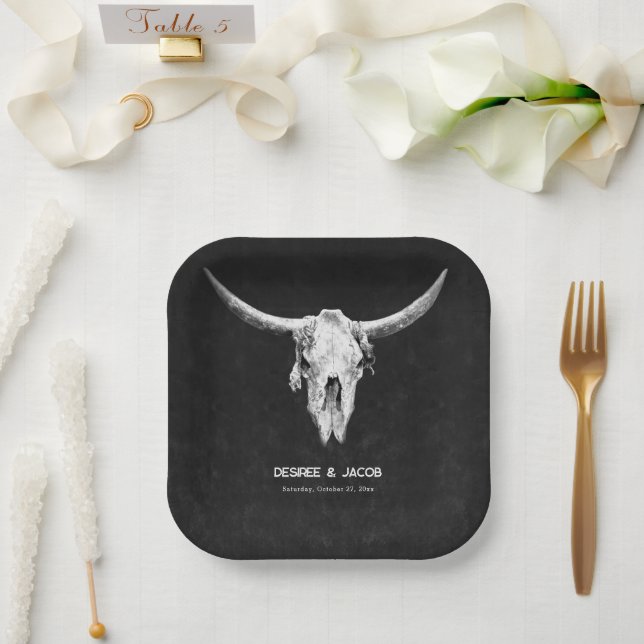 Assiettes En Carton Pays Ouest Noir Et Blanc Taureau Crâne (Mariage)