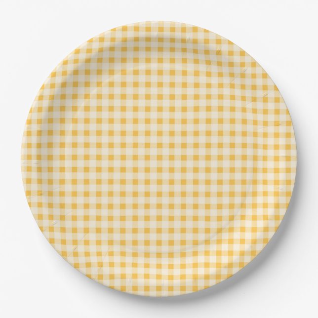ASSIETTES EN CARTON PAYS RUSTIQUE JAUNE EN VICHY PLAQUE DE PAPIER (Devant)