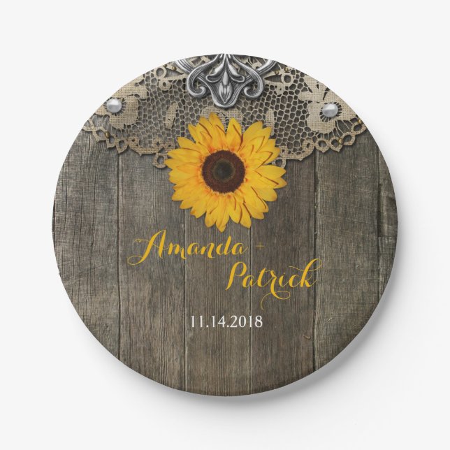 Assiettes En Carton Pays Tournesol Rustique Plaque Mariage (Devant)