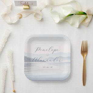 Assiettes En Carton Paysage aquarelle bleu serein