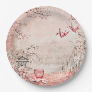 Assiettes En Carton Paysage de sérénité aux cerisiers en fleurs roses 