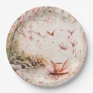 Assiettes En Carton Paysage de sérénité aux cerisiers en fleurs roses