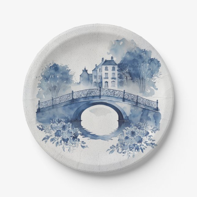 Assiettes En Carton Paysage de style Delft bleu et blanc (Devant)