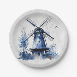 Assiettes En Carton Paysage de style Delft bleu et blanc avec moulin à