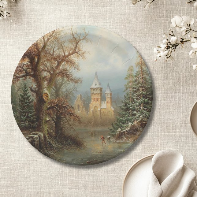 Assiettes En Carton Paysage d'hiver romantique avec patineurs de glace (Créateur téléchargé)
