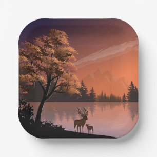 Assiettes En Carton Paysage du lever du soleil avec lac et Deers-51207