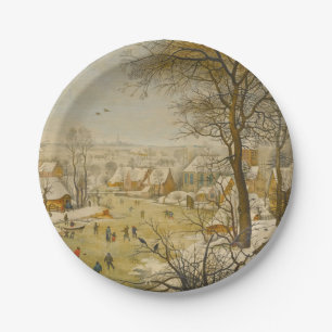 Assiettes En Carton Paysage hivernal avec patineurs sur glace et piège