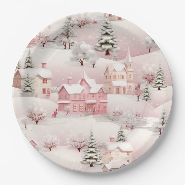 Assiettes En Carton Paysage vintage du village de neige en hiver (Devant)