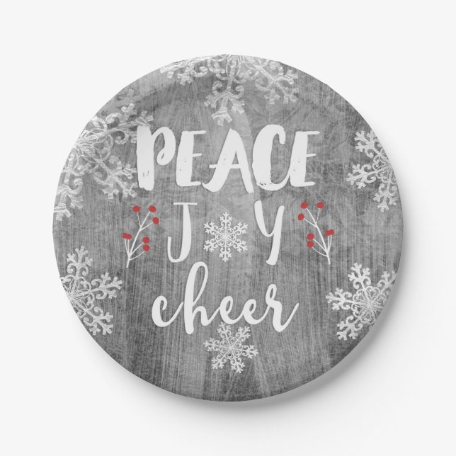 Assiettes En Carton Peace Love Cheer Silver Snowflake Fête (Devant)