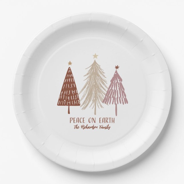Assiettes En Carton Peace On Earth Festive Joyeux Noël Arbres Chic (Devant)