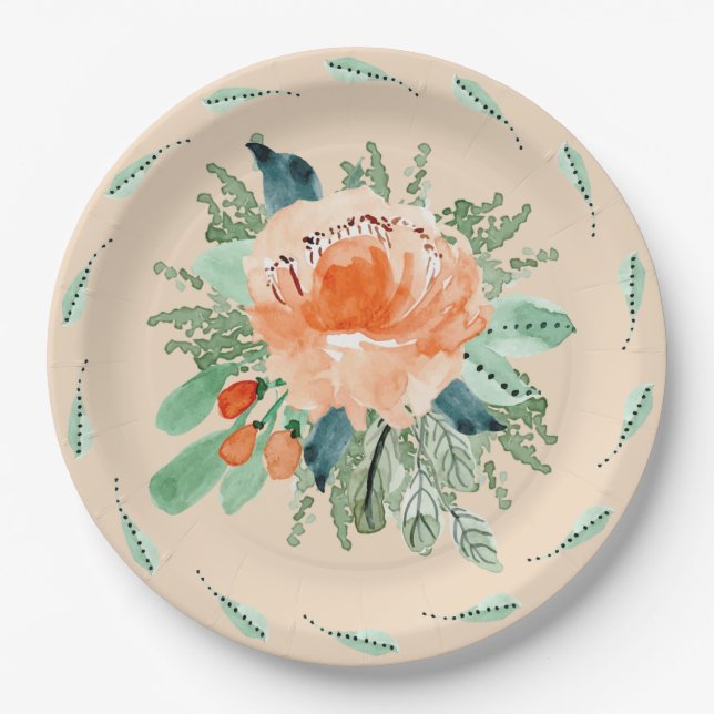 Assiettes En Carton Peach Jade Aquarelle Turquoise Florale Anniversair (Devant)