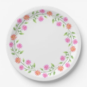 Assiettes En Carton Peach & Pink Watercolor Daisées Wreath