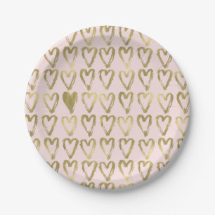 Assiettes En Carton Peach rose et Gold Hearts Mariage