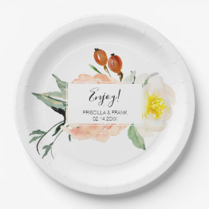 Assiettes En Carton Peach Watercolor Floral Dessert Table Mariage