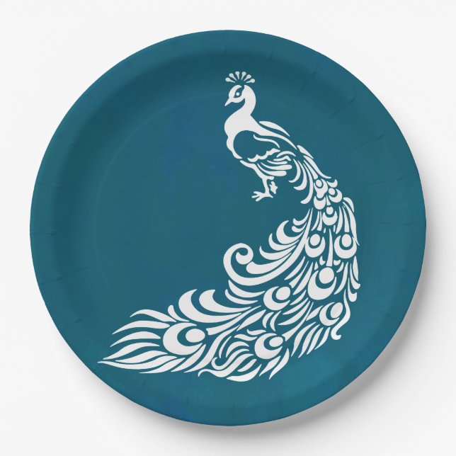 Assiettes En Carton Peacock blanc sur design Art déco chic Turquoise (Devant)