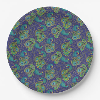 Assiettes En Carton Peacock Paisley Pattern Blue