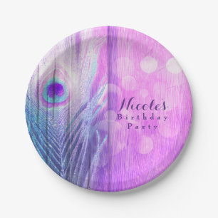 Assiettes En Carton Peacock Plumes rose et bleu Boho Chic Personnalisé