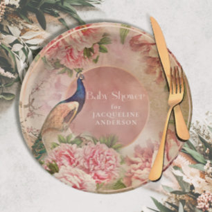 Assiettes En Carton Peacock vintage Élégant Peony rose Baby shower Pap