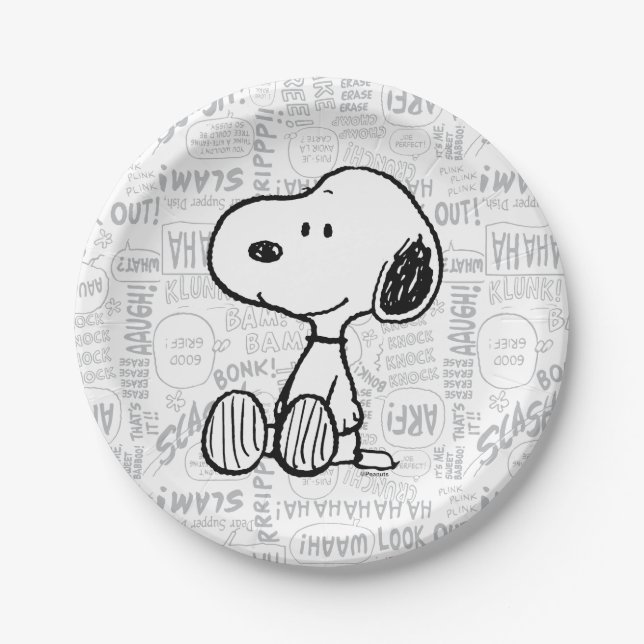Assiettes En Carton PEANUTS | Snoopy on Black White Comics (Devant)