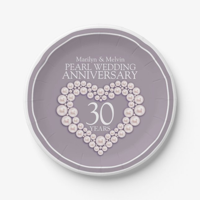 Assiettes En Carton Pearl 30e anniversaire mariage coeur personnalisé (Devant)