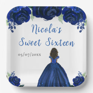Assiettes En Carton Peau foncée Princess Navy Sweet sixteen floral ble