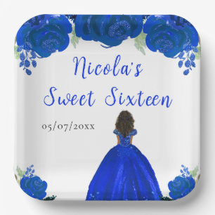 Assiettes En Carton Peau foncée Princesse Sweet sixteen Floral bleu