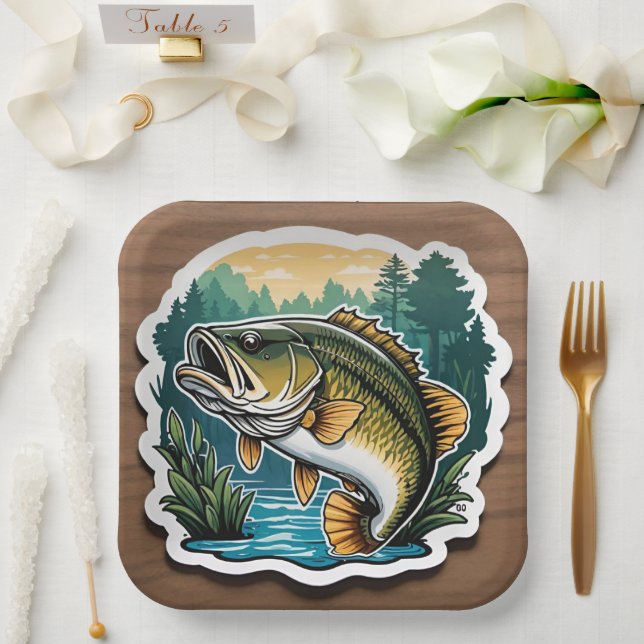 Assiettes En Carton Pêche à grande bouche Basse Poisson sur bois (Mariage)