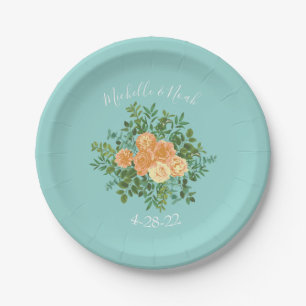 Assiettes En Carton Pêche Aqua Turquoise Mariage Roses Floral