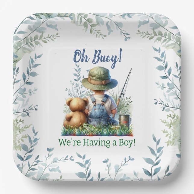 Assiettes En Carton Pêche bébé et ours en peluche | Baby shower (Recto)