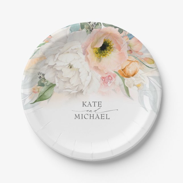 Assiettes En Carton Pêche et Mariage floral rose pâle (Devant)