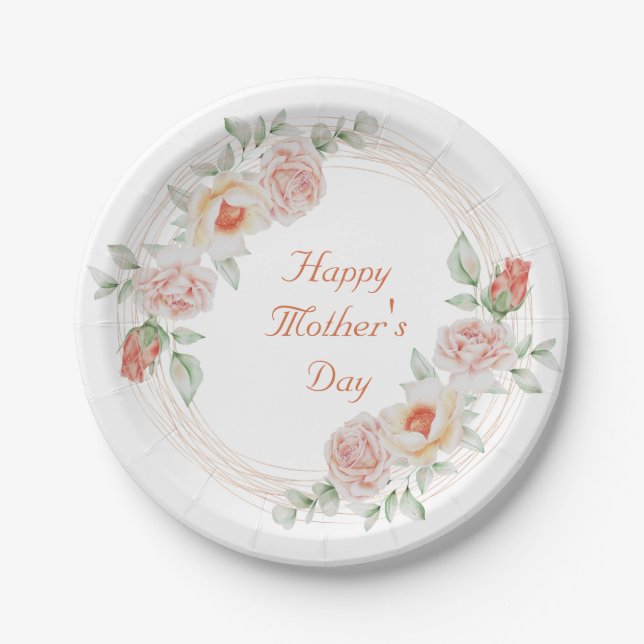 Assiettes En Carton Pêcher Vert Floral Élégant Joyeux Fête des Mères (Devant)